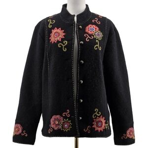 Icelandic Design Jacket Womens L Black Tweed Floral Embroidered Lined Button